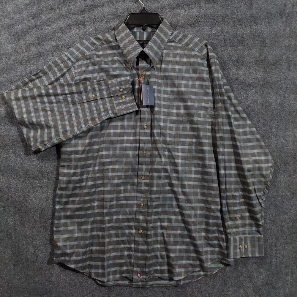 Henry Jacobson Shirt Mens Large‎ Gray Blue Plaid Cotton Long Sleeve Button Front - Picture 2 of 13